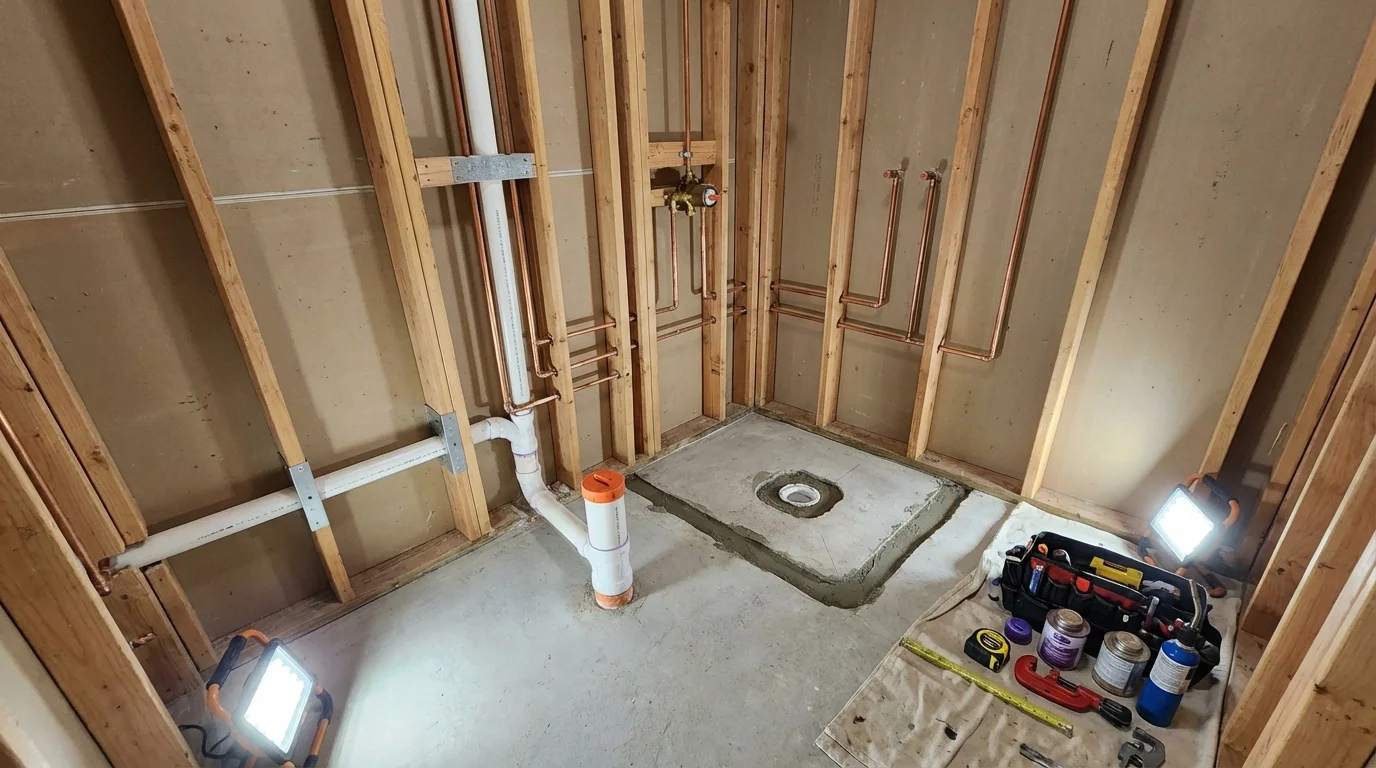 Bathroom rough-in plumbing during remodel by Johns Plumbing LLC in Steger