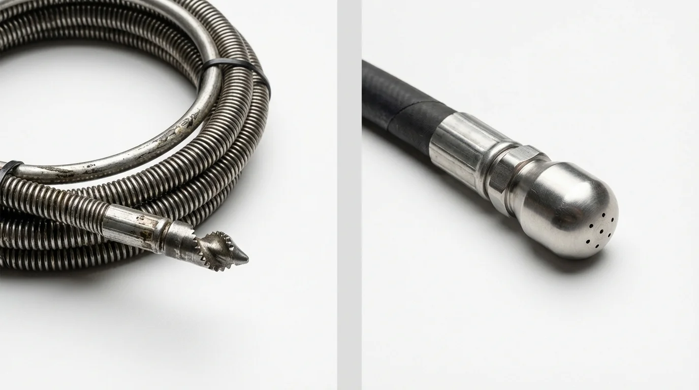 Drain snake cable and hydro jetting nozzle used for drain cleaning in Steger, IL