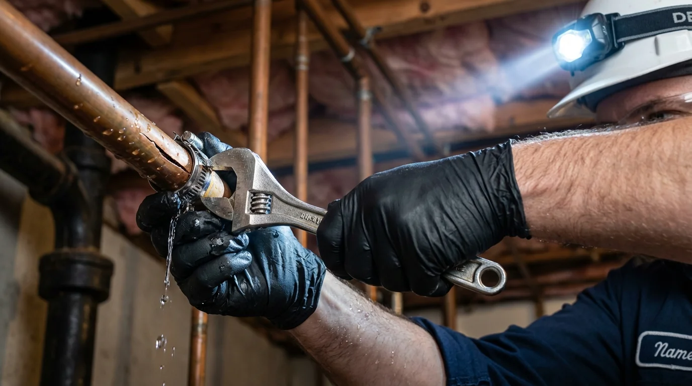 Emergency pipe clamp repair being performed by a Johns Plumbing LLC plumber in Steger