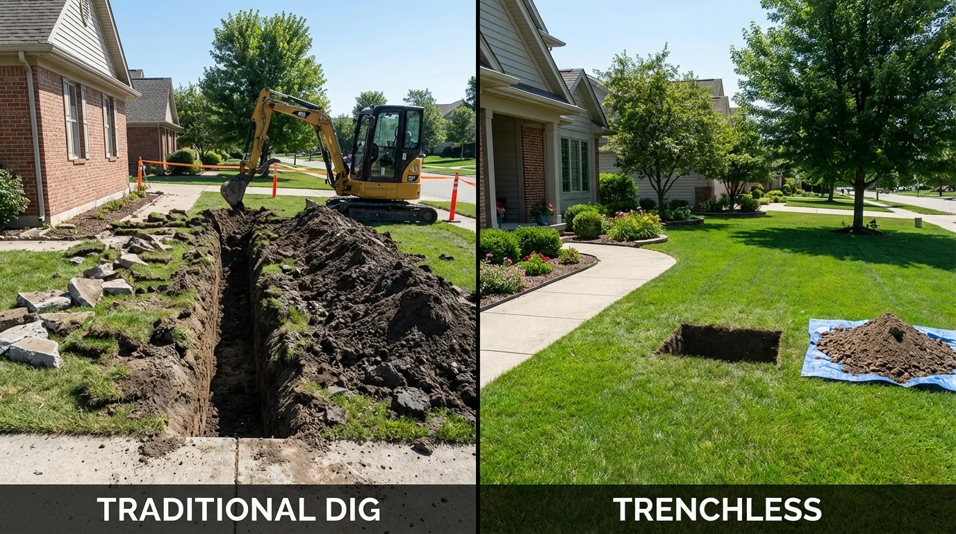 Trenchless sewer repair with minimal yard damage versus traditional excavation in Steger, IL